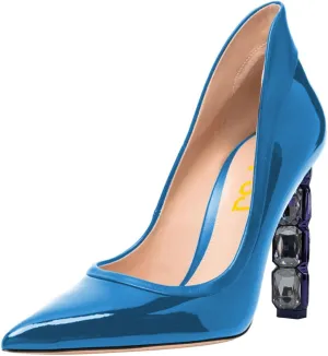 FSJ Women Pointed Toe Slip On Crystal Pumps Gorgeous Three Diamonds High Heel Bridal Wedding Comfort Party Dress Shoes Size 4-16 US