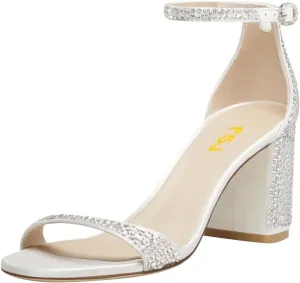 FSJ Women Rhinestone Chunky Block Heel Sandals Sparkly Open Toe Crystal-Embellished Ankle Strap Evening Bridal Wedding Formal Events Shoes Size 4-16 US