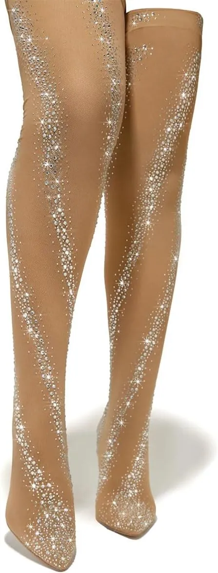 FSJ Women Sparkly Stretch Mesh Sock Boots Pointed Toe Thigh High Stilettos Sexy Over the Knee Boots with Rhinestones Nightclub Party Dress Shoes Size 4-16 US