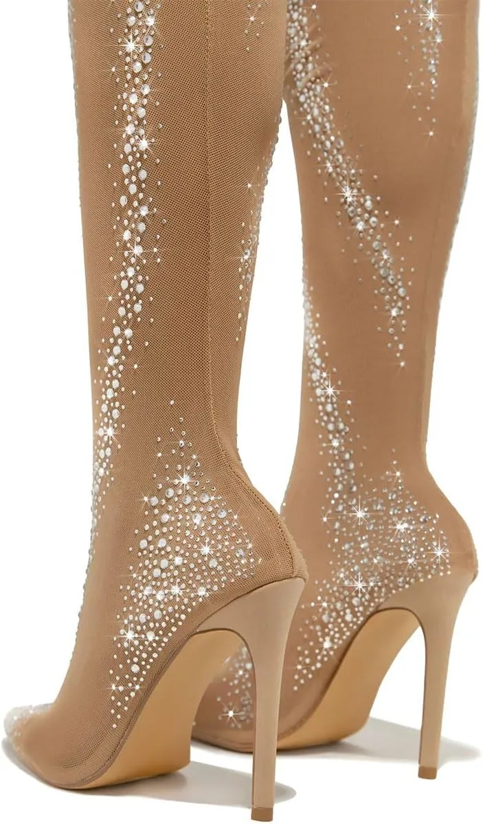 FSJ Women Sparkly Stretch Mesh Sock Boots Pointed Toe Thigh High Stilettos Sexy Over the Knee Boots with Rhinestones Nightclub Party Dress Shoes Size 4-16 US