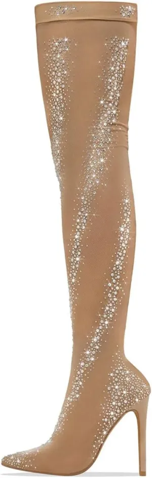 FSJ Women Sparkly Stretch Mesh Sock Boots Pointed Toe Thigh High Stilettos Sexy Over the Knee Boots with Rhinestones Nightclub Party Dress Shoes Size 4-16 US