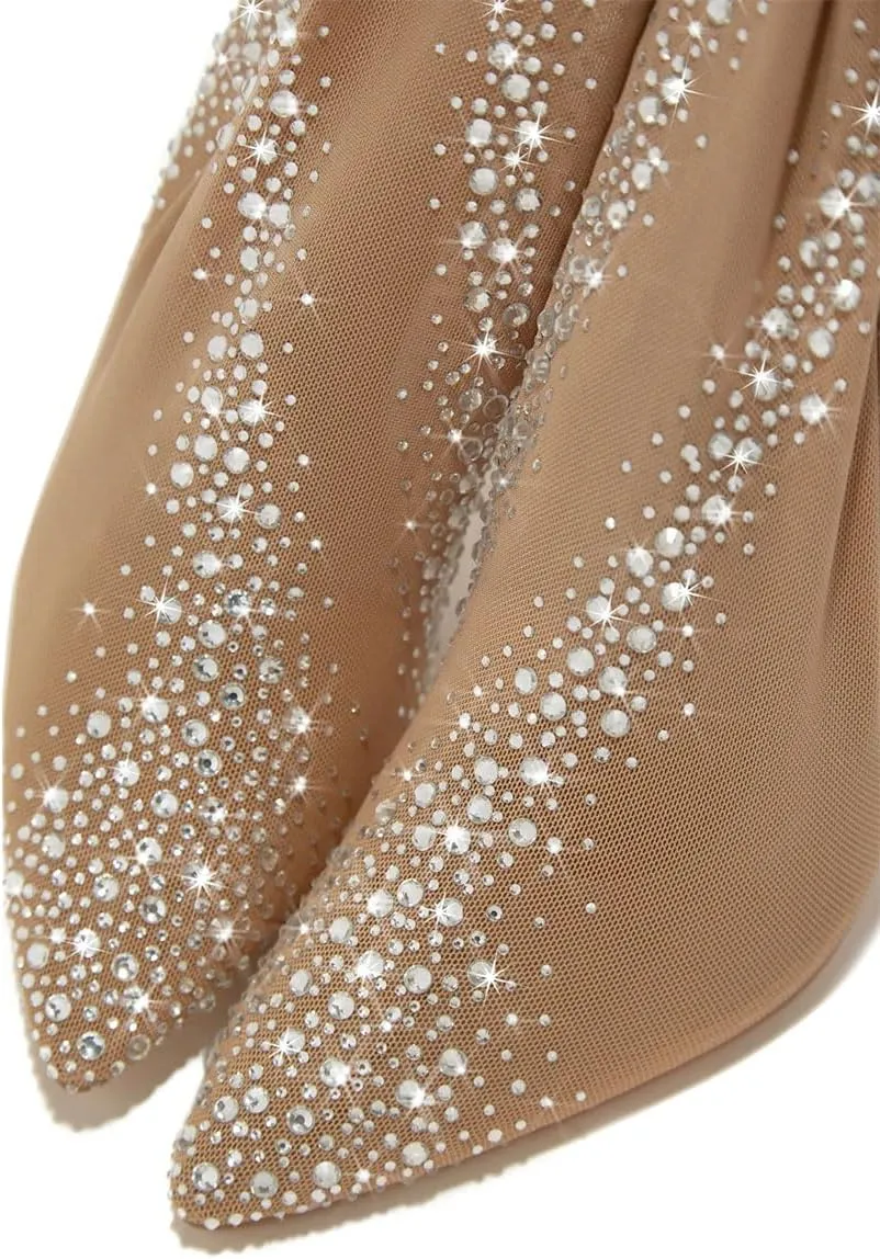 FSJ Women Sparkly Stretch Mesh Sock Boots Pointed Toe Thigh High Stilettos Sexy Over the Knee Boots with Rhinestones Nightclub Party Dress Shoes Size 4-16 US