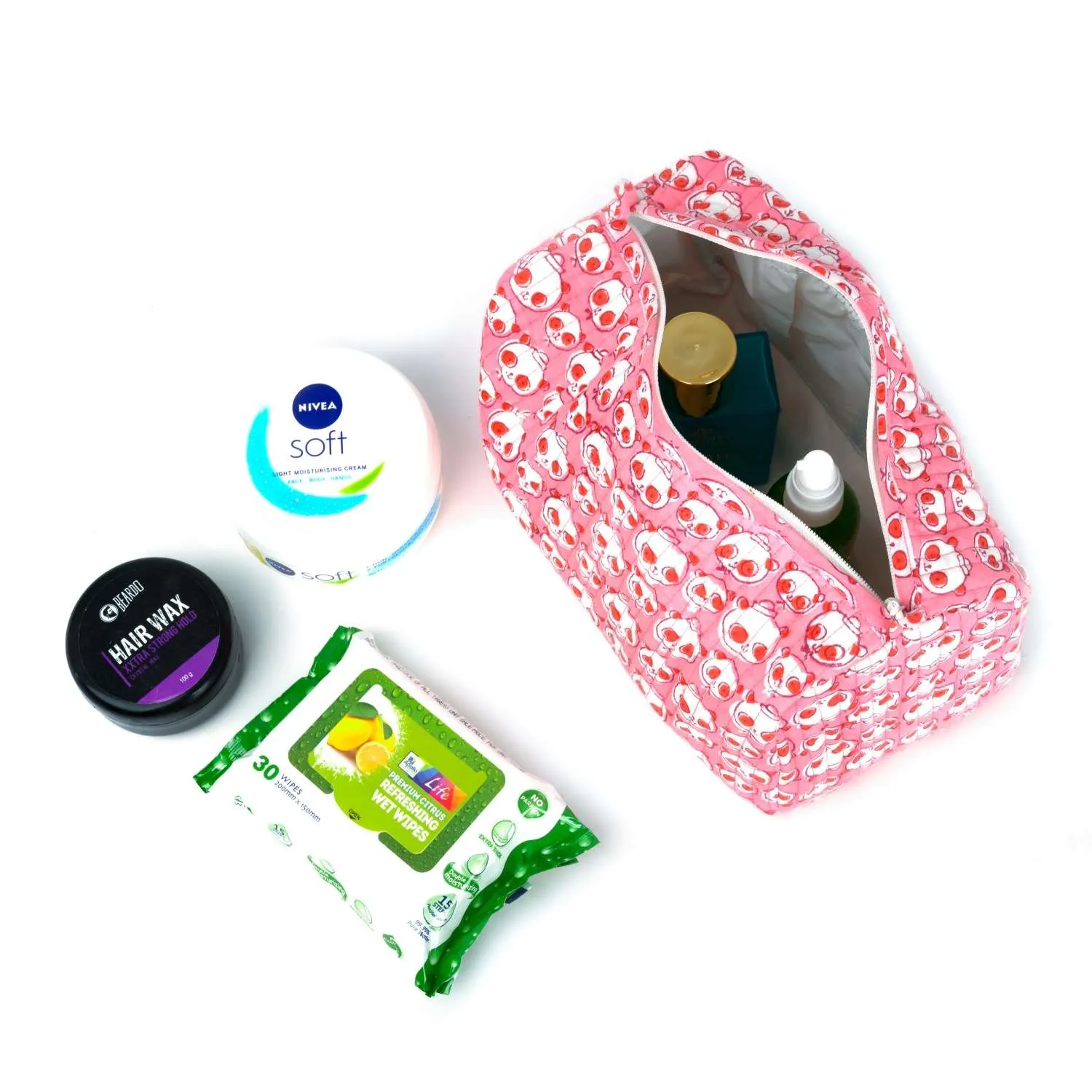 FUCHSIA BEAR QUILTED TOILETRY POUCH