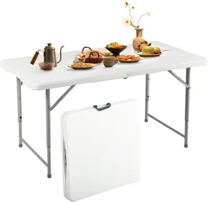 FurnitureR Adjustable Folding Table 4FT, Plastic Utility Table with 3 Height Settings, Fold-in-Half with Handle, Foldable and Portable for Indoor Outdoor Picnic Camping Party, White