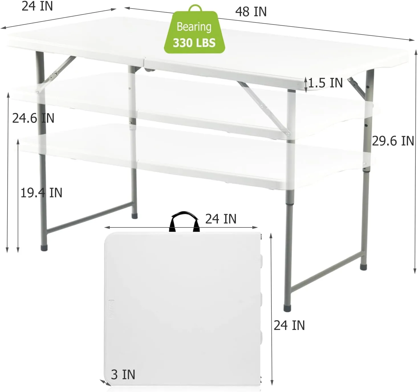FurnitureR Adjustable Folding Table 4FT, Plastic Utility Table with 3 Height Settings, Fold-in-Half with Handle, Foldable and Portable for Indoor Outdoor Picnic Camping Party, White