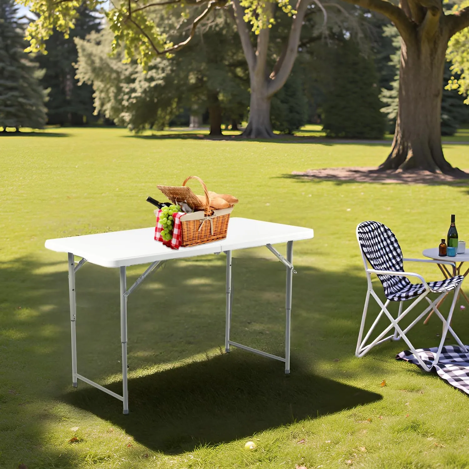FurnitureR Adjustable Folding Table 4FT, Plastic Utility Table with 3 Height Settings, Fold-in-Half with Handle, Foldable and Portable for Indoor Outdoor Picnic Camping Party, White