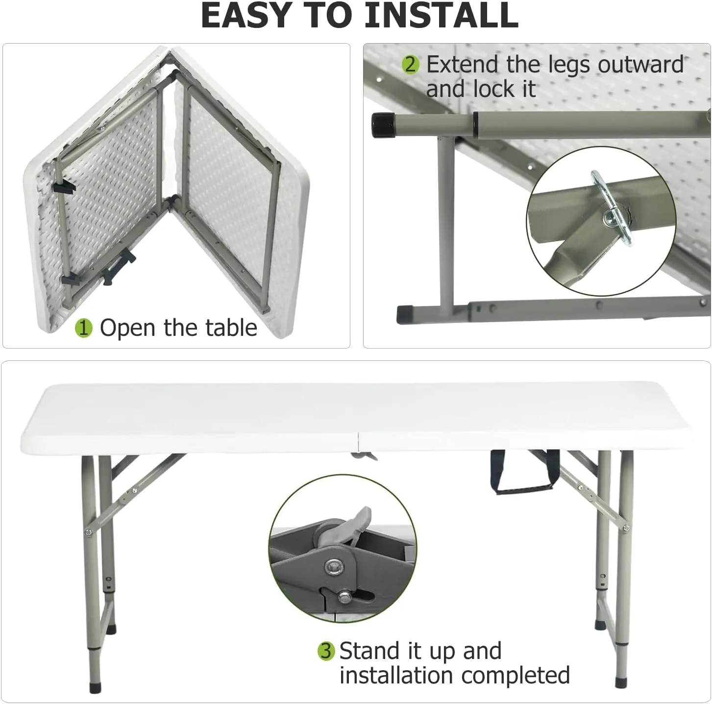 FurnitureR Adjustable Folding Table 4FT, Plastic Utility Table with 3 Height Settings, Fold-in-Half with Handle, Foldable and Portable for Indoor Outdoor Picnic Camping Party, White