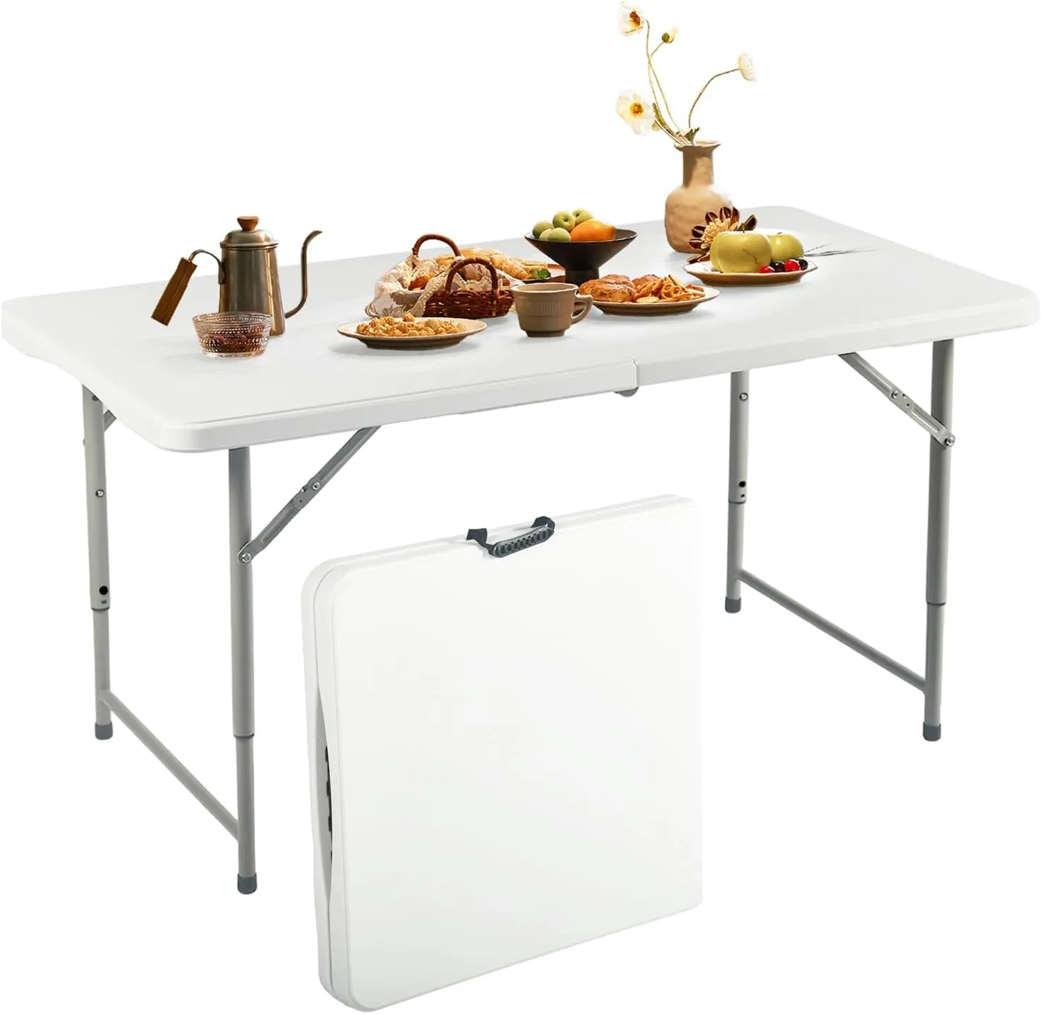 FurnitureR Adjustable Folding Table 4FT, Plastic Utility Table with 3 Height Settings, Fold-in-Half with Handle, Foldable and Portable for Indoor Outdoor Picnic Camping Party, White
