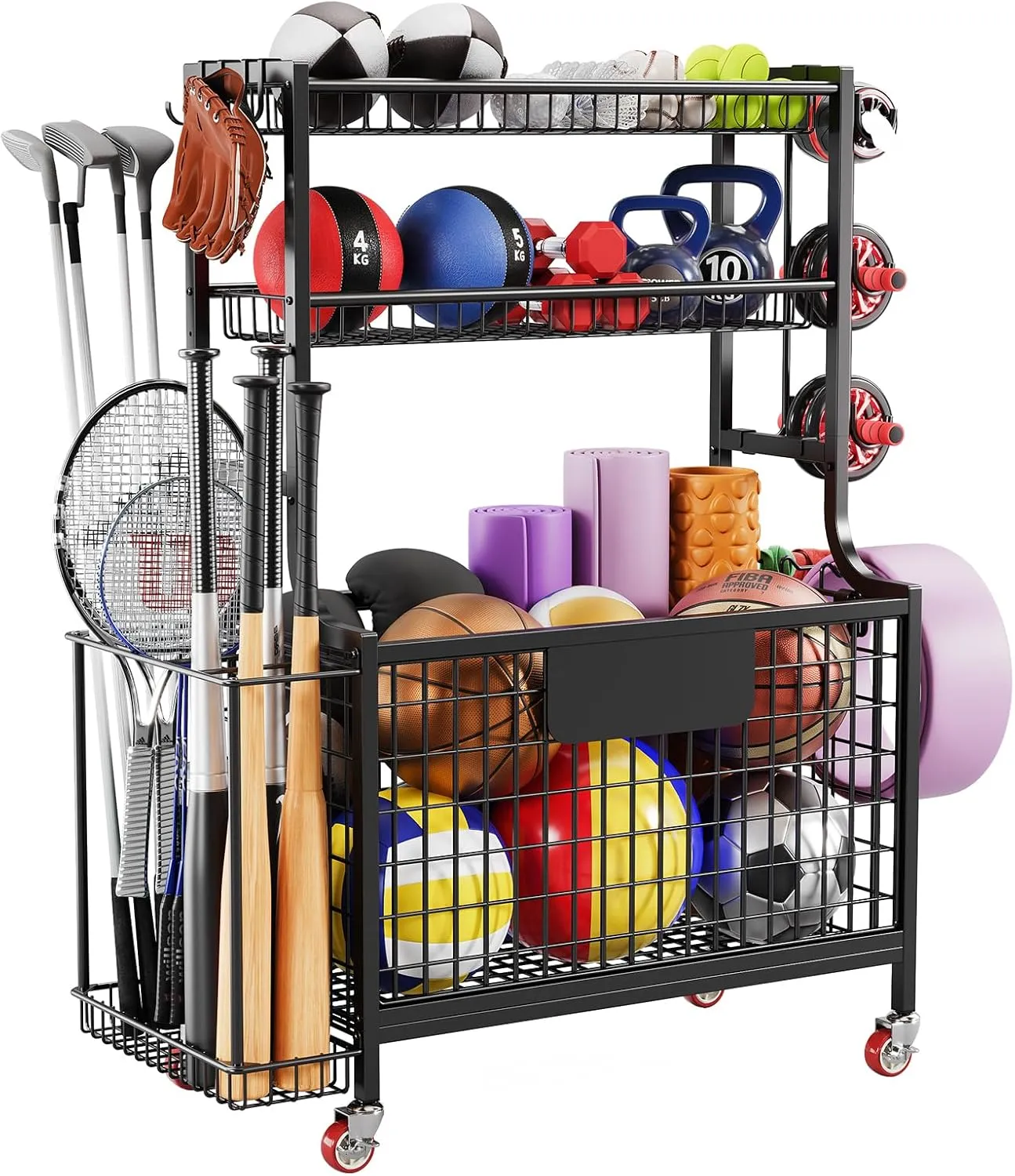 Garage Storage Sports Equipment Organizer: Utility Garage Ball Storage Rack with Wheels - Golf Bag Stand for Rolling Ball Cart with Hooks and Baskets for Basketballs Footballs Toys Indoor Outdoor use