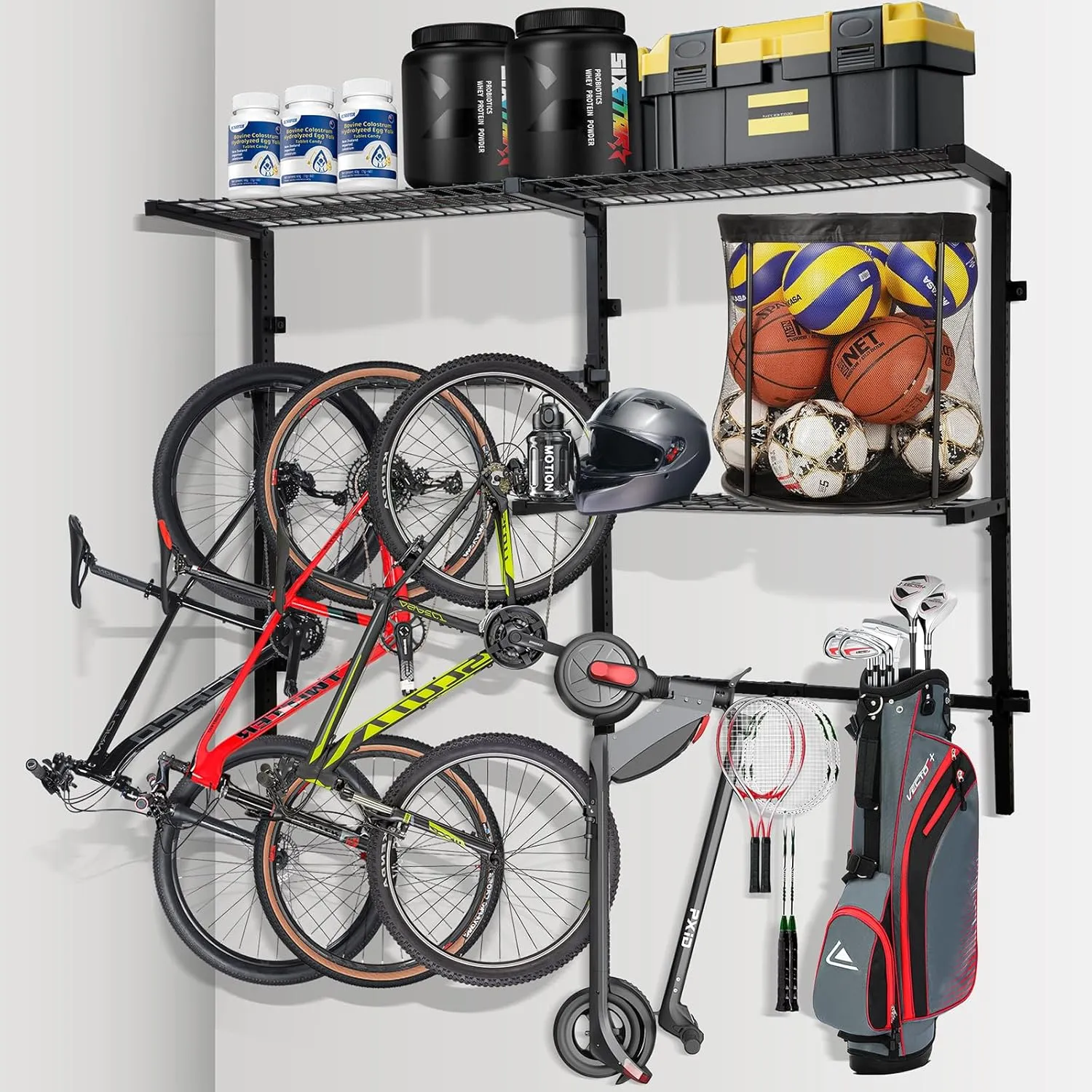 Garage Wall Shelving Heavy Duty Wall Mounted Shelves Sports Equipment Organizer for Garage Storage Adjustable Rack with Hooks Ideal for Bikes Golf Bags Tennis Rackets and Helmets