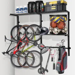 Garage Wall Shelving Heavy Duty Wall Mounted Shelves Sports Equipment Organizer for Garage Storage Adjustable Rack with Hooks Ideal for Bikes Golf Bags Tennis Rackets and Helmets