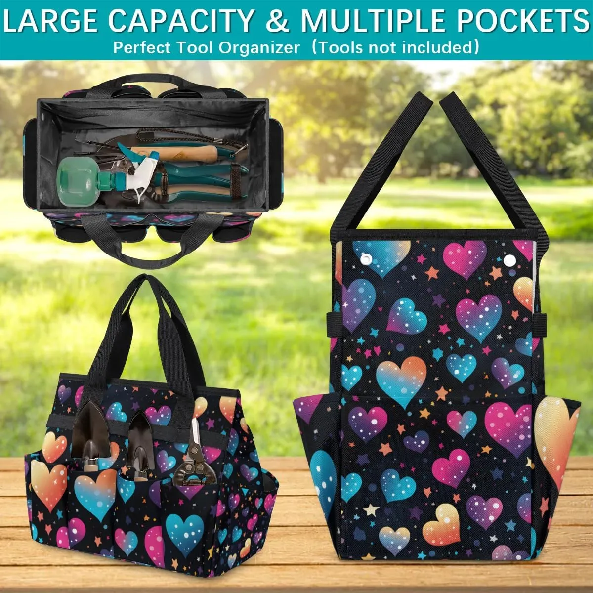 Garden Tool Bag Heart Printing Garden Tote Bag with Pockets Gardening Organizer Tool Storage Bags for Women Men Indoor Outdoor