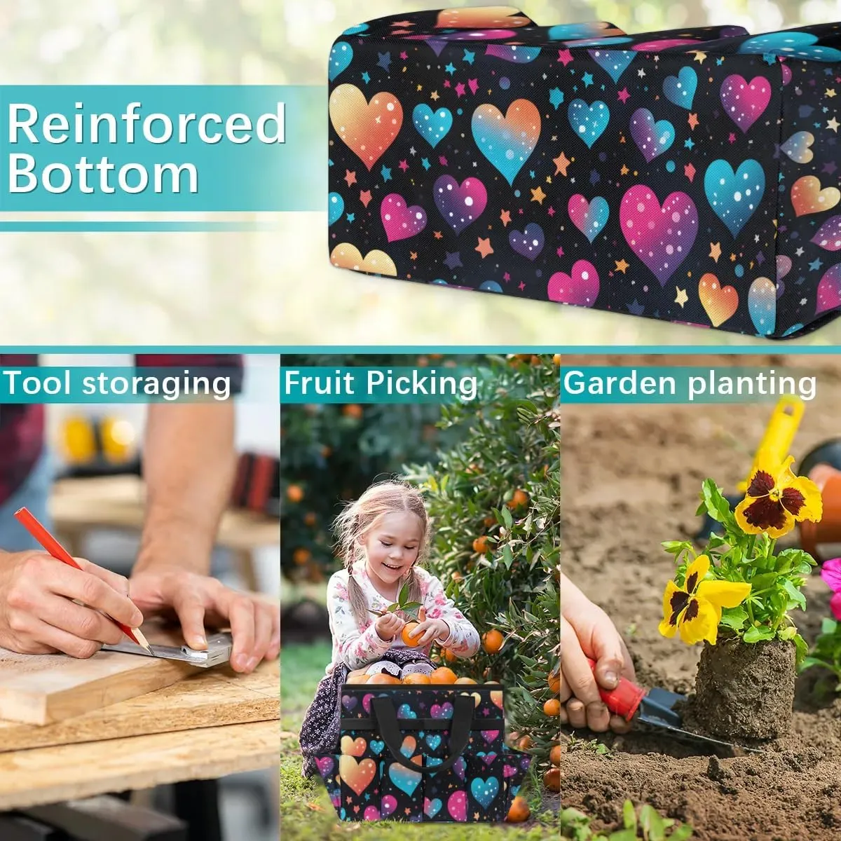 Garden Tool Bag Heart Printing Garden Tote Bag with Pockets Gardening Organizer Tool Storage Bags for Women Men Indoor Outdoor