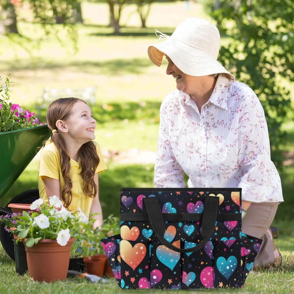Garden Tool Bag Heart Printing Garden Tote Bag with Pockets Gardening Organizer Tool Storage Bags for Women Men Indoor Outdoor
