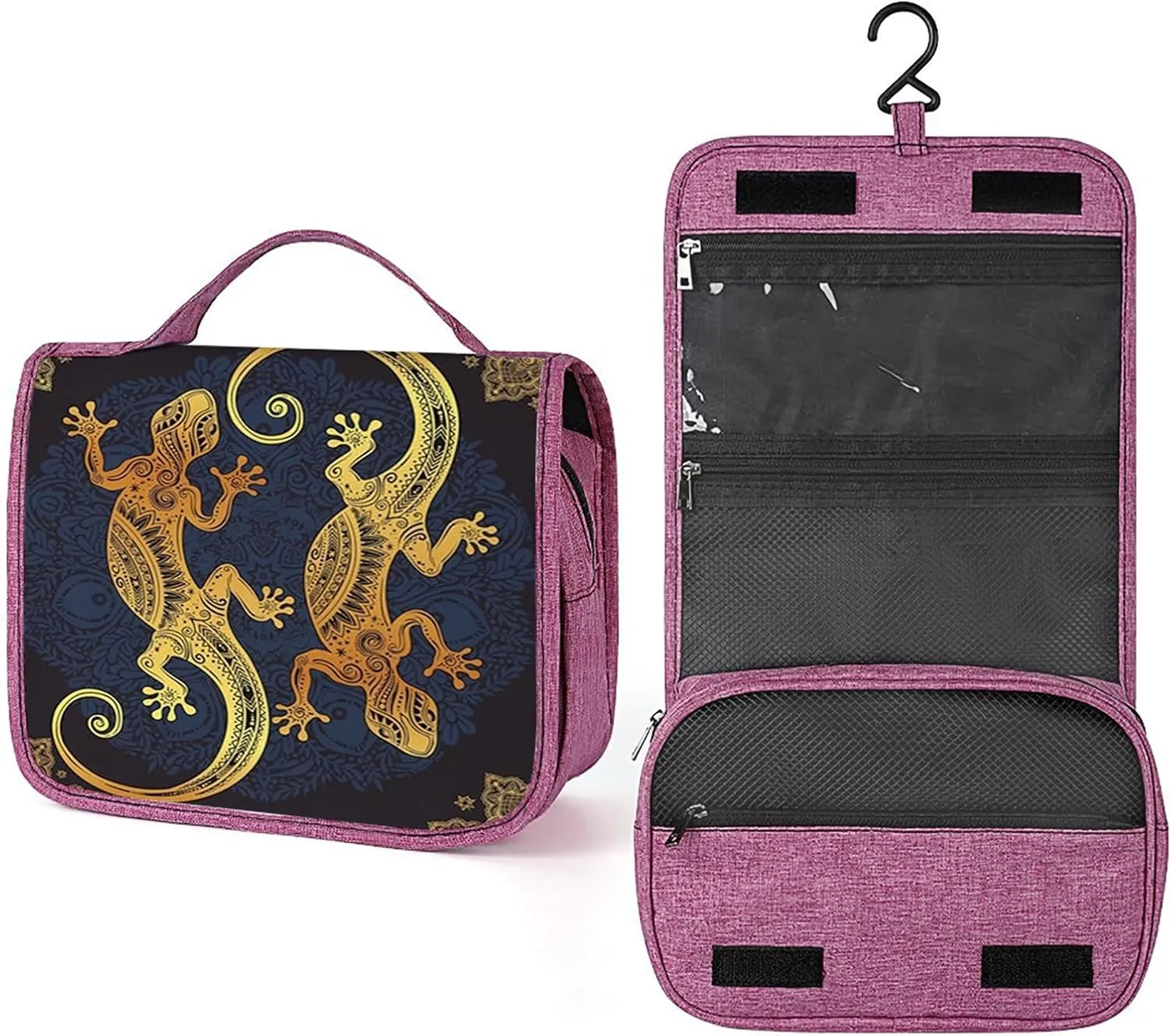 Gecko,Toiletry Bag for Women,Gecko Mandala,Water-resistant Hanging Bathroom Travel Makeup Organizer,Cosmetic Case Traveling for Full Accessories,Golden Blue, 215-SDS0326MakeupBagA258