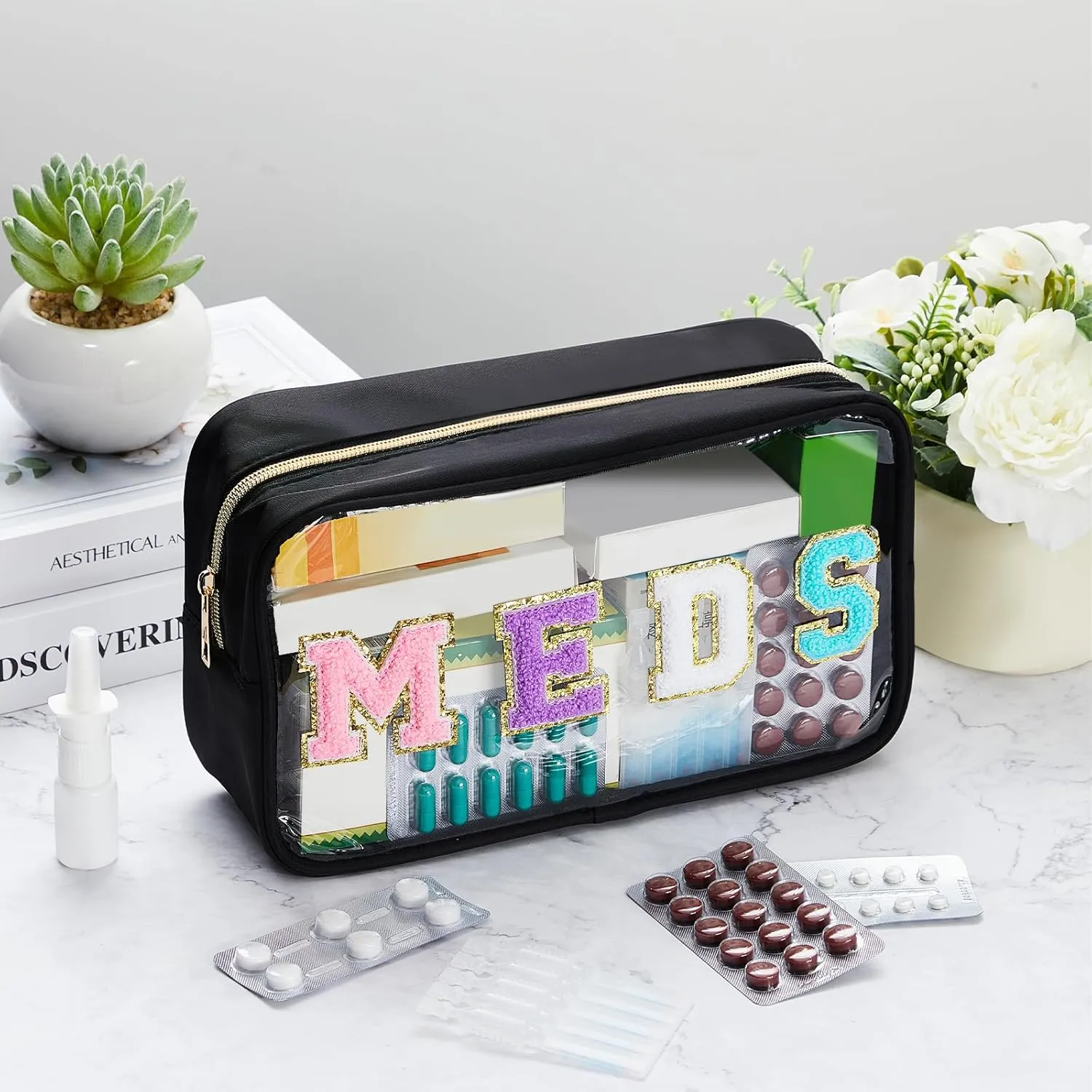 Geetery Chenille Letter Bag Nylon Portable Makeup Cases Preppy Patch with Zipper Cosmetic Toiletry Storage Bag for Women(Black,Original MEDS)