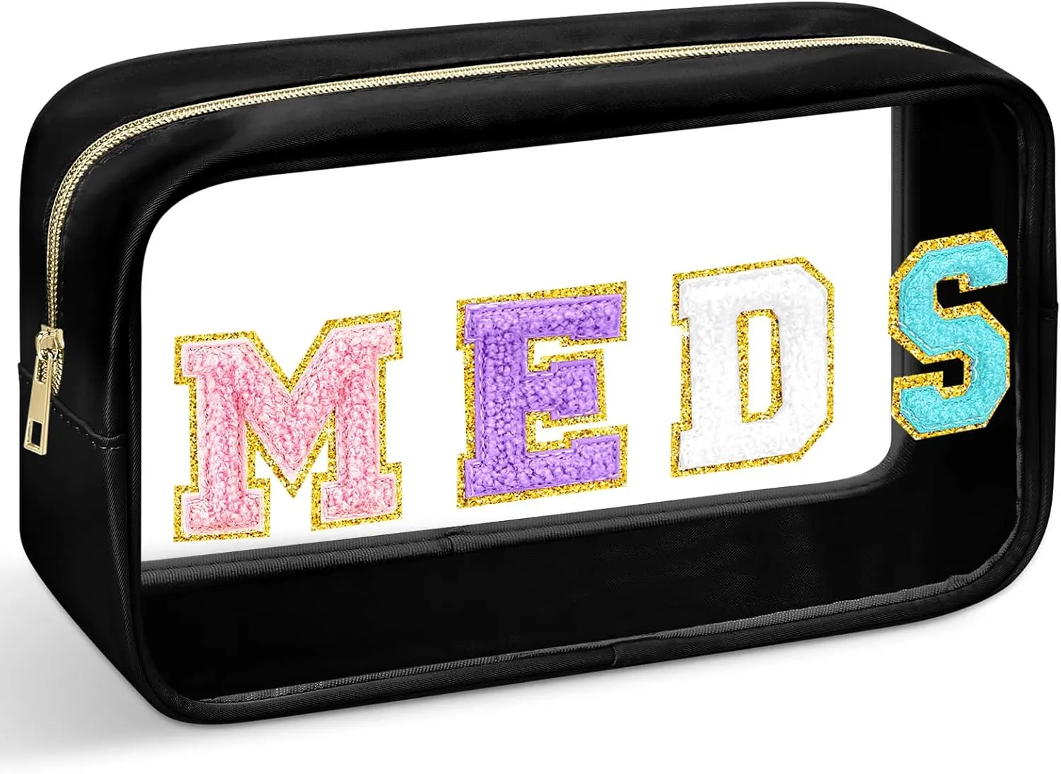Geetery Chenille Letter Bag Nylon Portable Makeup Cases Preppy Patch with Zipper Cosmetic Toiletry Storage Bag for Women(Black,Original MEDS)