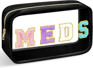 Geetery Chenille Letter Bag Nylon Portable Makeup Cases Preppy Patch with Zipper Cosmetic Toiletry Storage Bag for Women(Black,Original MEDS)