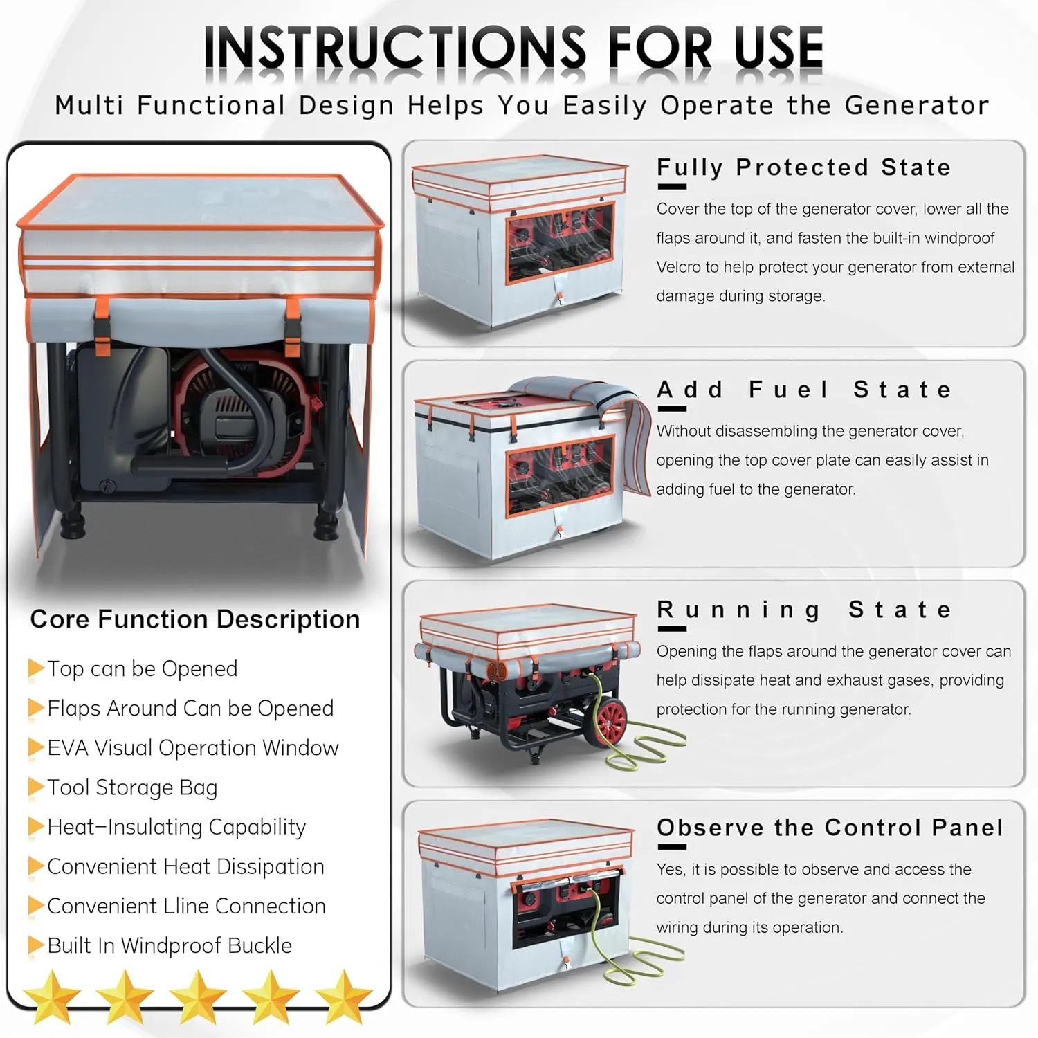Generator Covers While Running,32X24X24Inches,Generator Covers,With Tool Bag and Operable Window,Top Can be Refuel, for 5000W-10000W Frame Generator,600D 210D Double-Layer Fabric