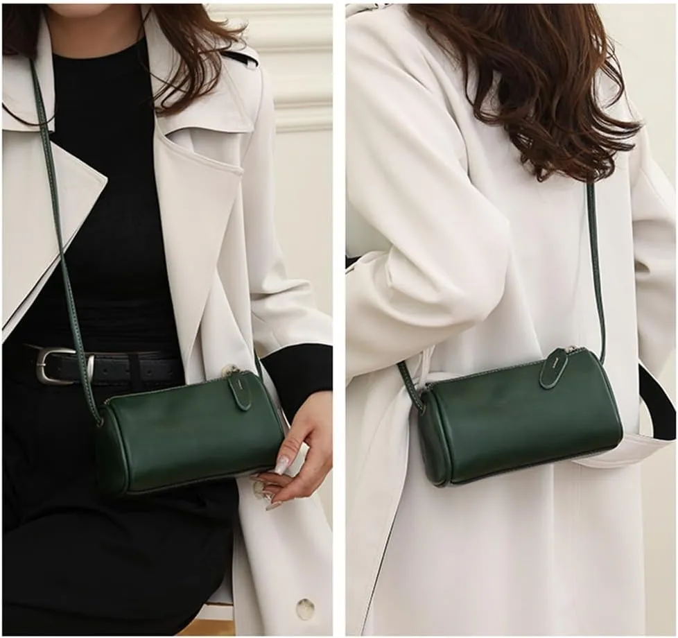 Genuine Leather Cylinder Crossbody Bag for Women | Small Barrel Purse | Vegan Leather Shoulder Bag | Casual Wallet (Green)