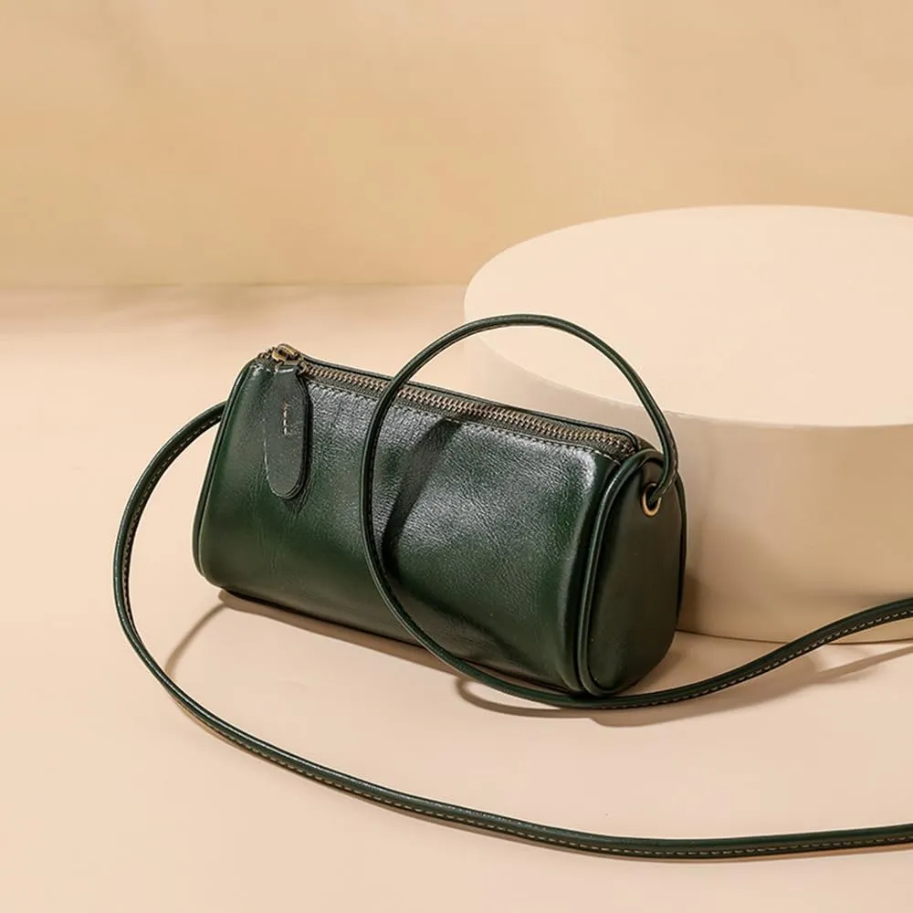 Genuine Leather Cylinder Crossbody Bag for Women | Small Barrel Purse | Vegan Leather Shoulder Bag | Casual Wallet (Green)