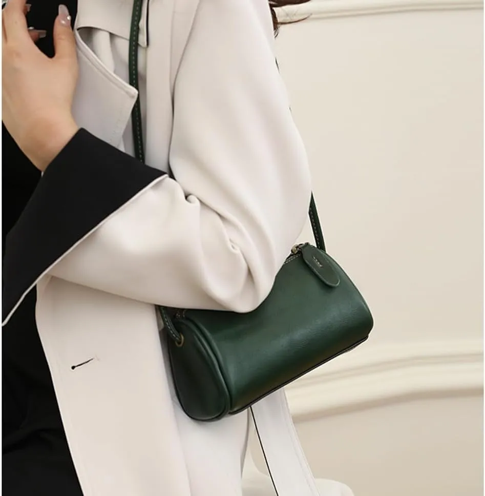 Genuine Leather Cylinder Crossbody Bag for Women | Small Barrel Purse | Vegan Leather Shoulder Bag | Casual Wallet (Green)