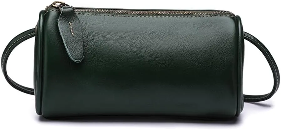 Genuine Leather Cylinder Crossbody Bag for Women | Small Barrel Purse | Vegan Leather Shoulder Bag | Casual Wallet (Green)