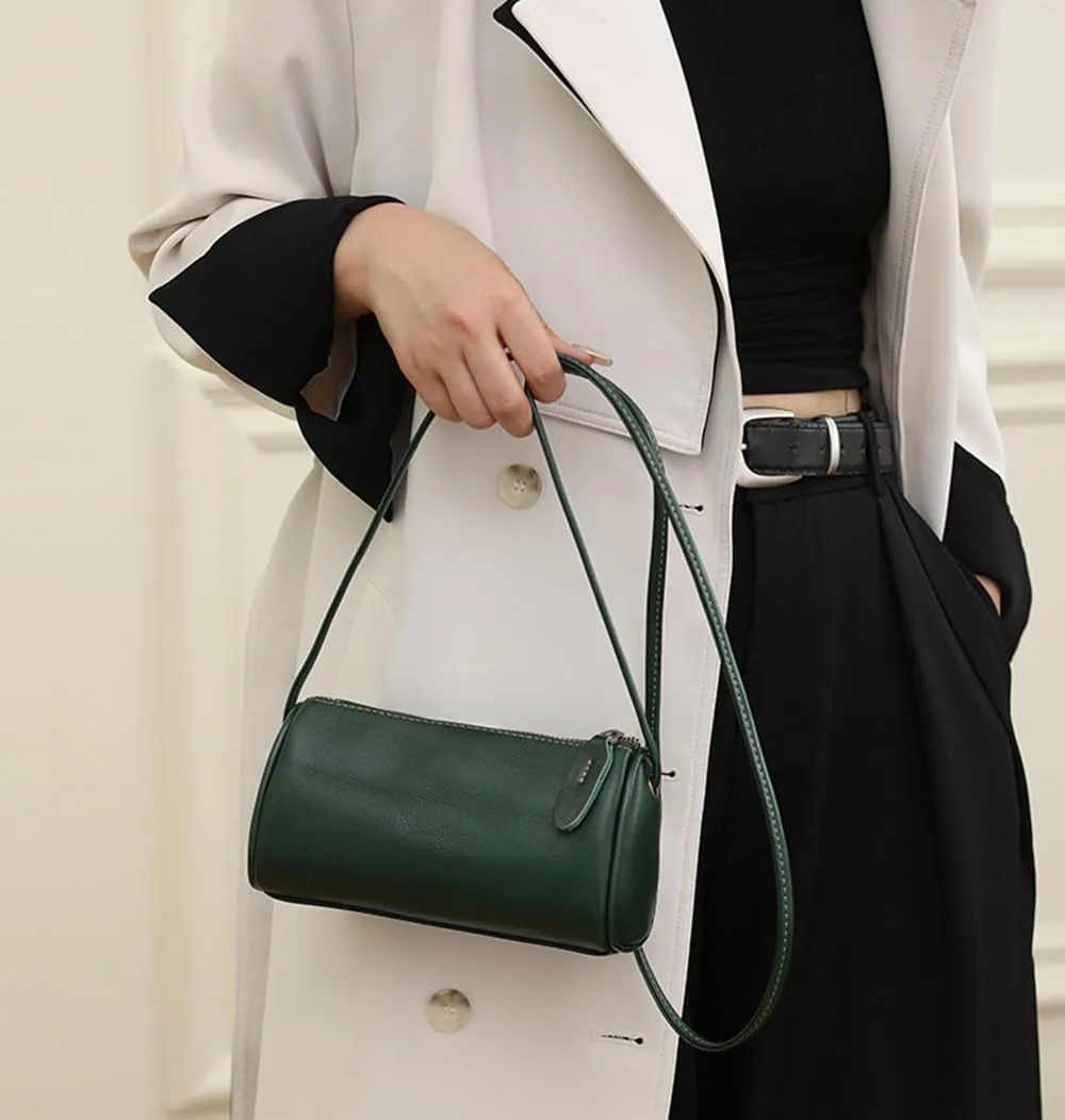 Genuine Leather Cylinder Crossbody Bag for Women | Small Barrel Purse | Vegan Leather Shoulder Bag | Casual Wallet (Green)