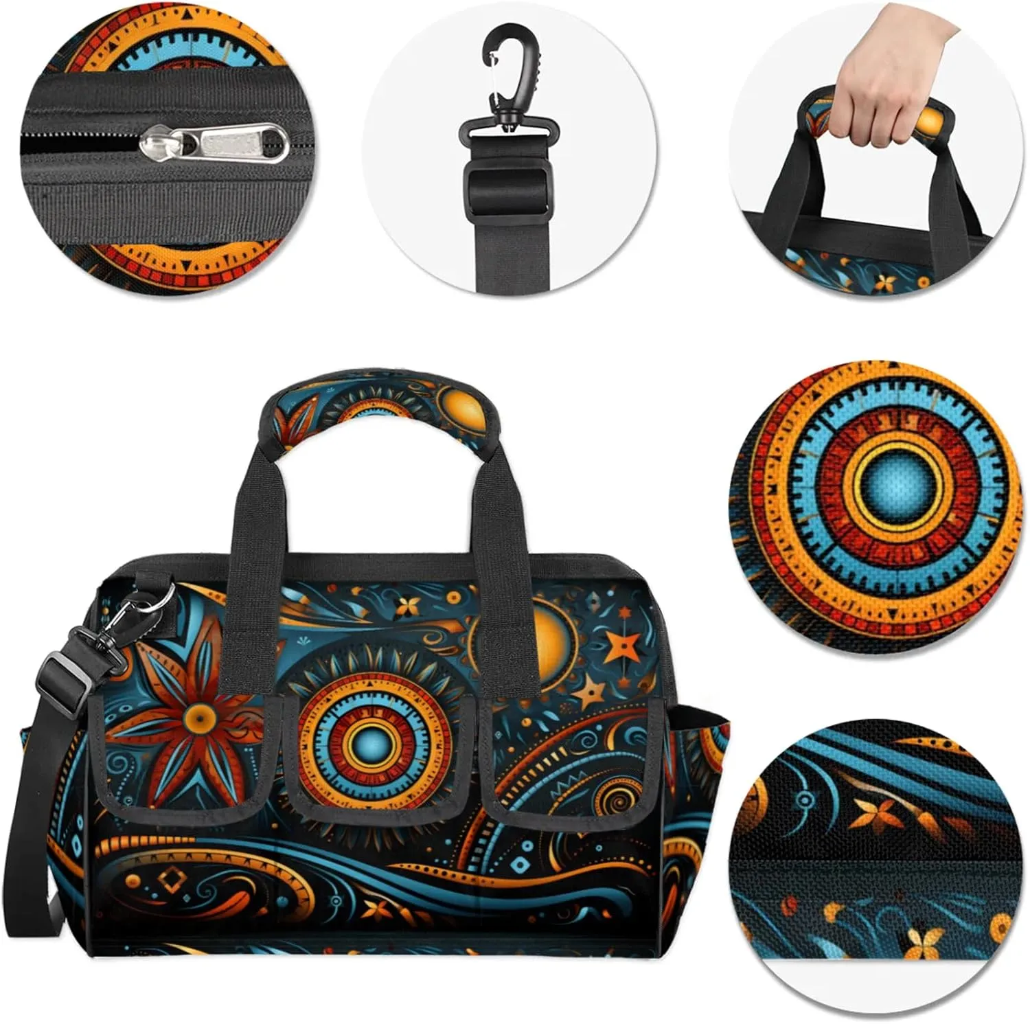 Geometric Art TOOL BAG with 14 Pockets, Adjustable Shoulder Strap Tool Tote Storage Bag, Waterproof Tool Organizer for Woodworking, Building, Gardening