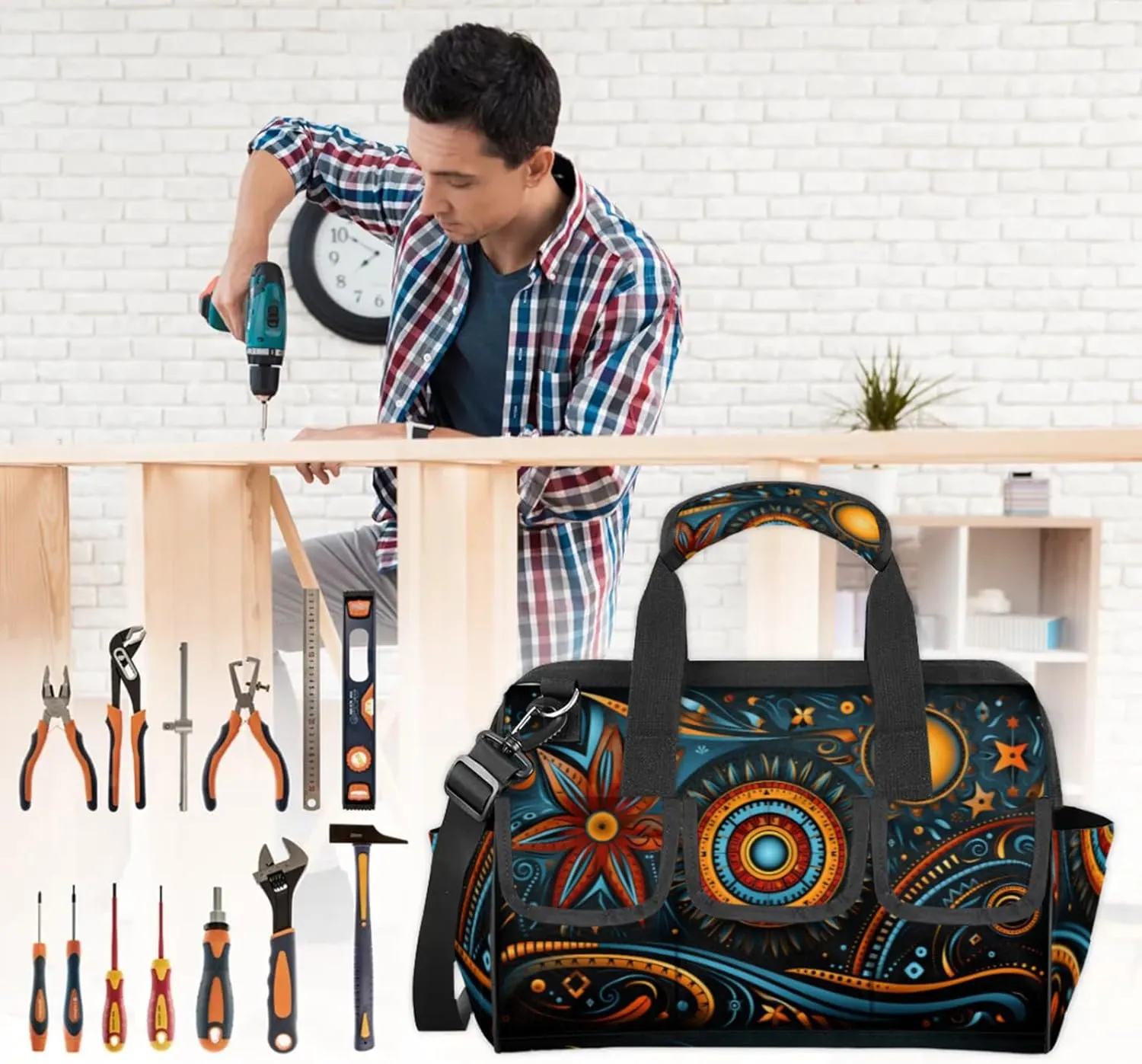 Geometric Art TOOL BAG with 14 Pockets, Adjustable Shoulder Strap Tool Tote Storage Bag, Waterproof Tool Organizer for Woodworking, Building, Gardening