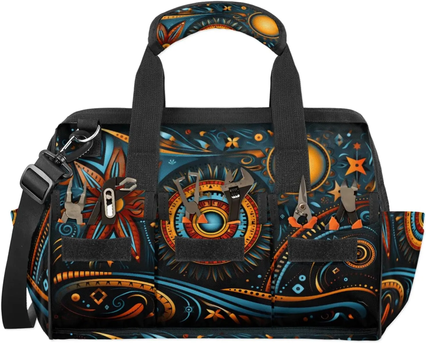Geometric Art TOOL BAG with 14 Pockets, Adjustable Shoulder Strap Tool Tote Storage Bag, Waterproof Tool Organizer for Woodworking, Building, Gardening