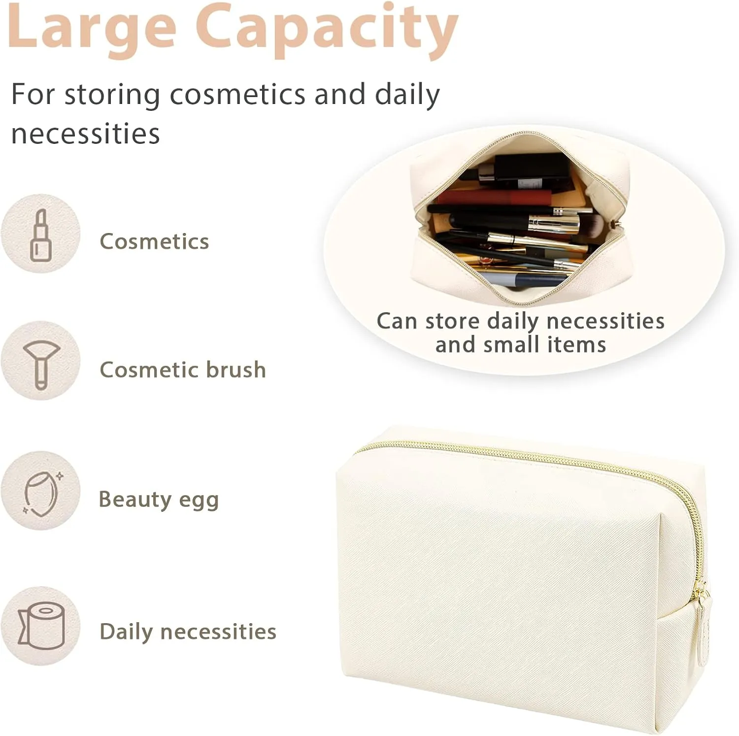 GFU Makeup Bag, Travel Cosmetic Bag for Women, Large Capacity Travel Toiletry Bag Waterproof PU Leather, Multifunctional Cosmetic Pouch for Girls, Women and Moms Gifts, Beige White