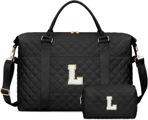 Gift for Women, Initial Travel Duffel ＆ Weekender Bag for Girls, Personalized Carry On Overnight Bag with Makeup Pouch for Gym Hospital(Black,L)