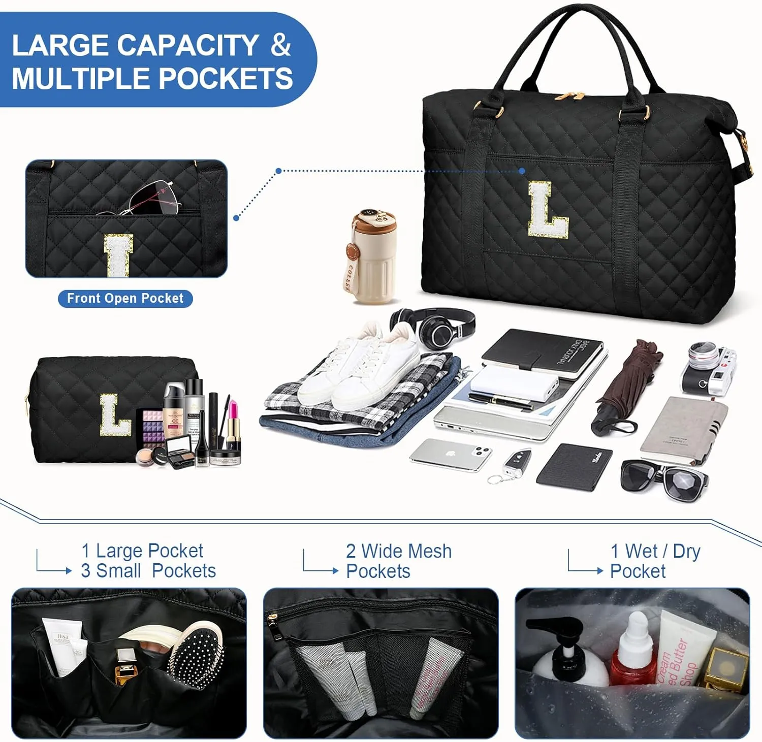 Gift for Women, Initial Travel Duffel ＆ Weekender Bag for Girls, Personalized Carry On Overnight Bag with Makeup Pouch for Gym Hospital(Black,L)