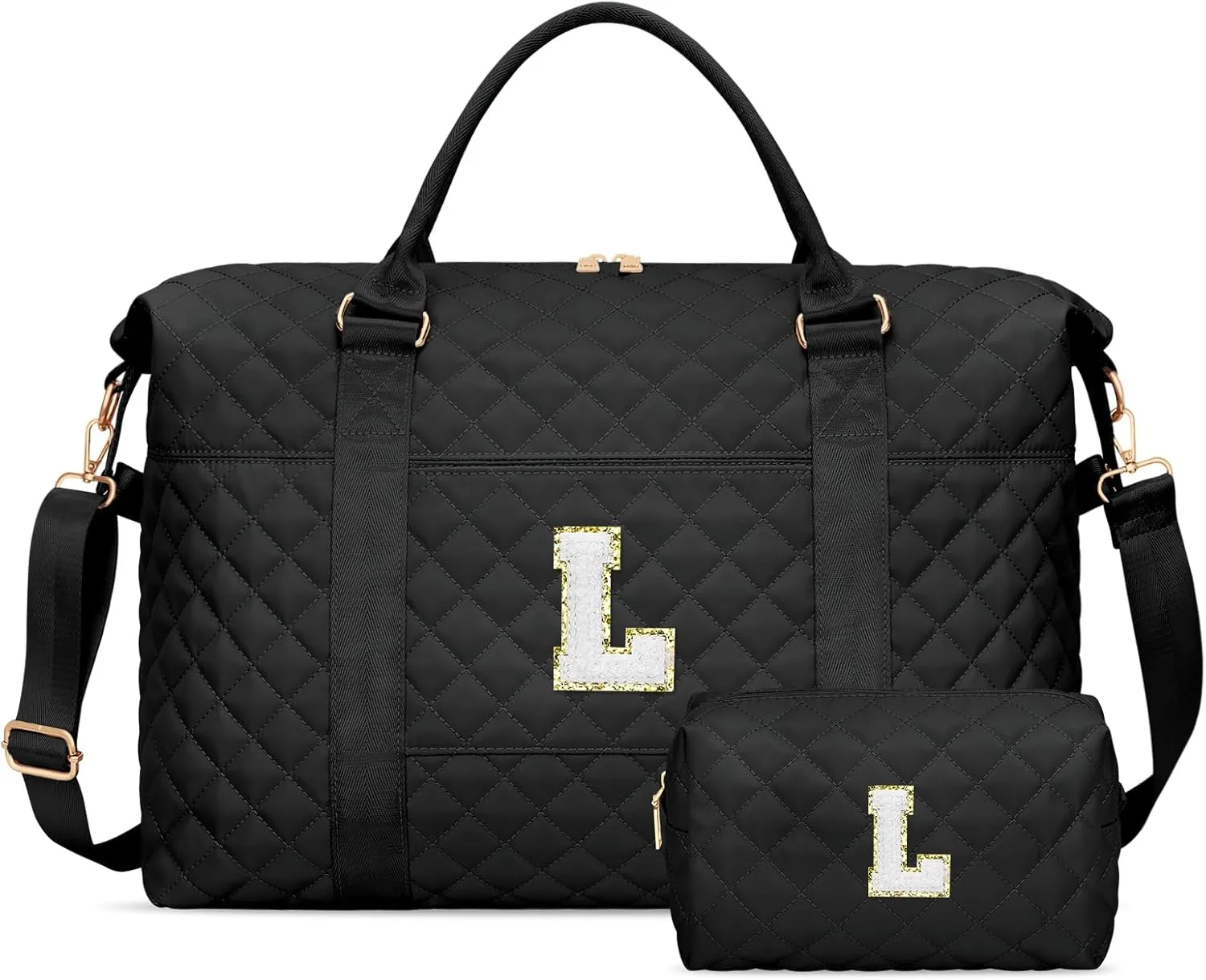 Gift for Women, Initial Travel Duffel ＆ Weekender Bag for Girls, Personalized Carry On Overnight Bag with Makeup Pouch for Gym Hospital(Black,L)