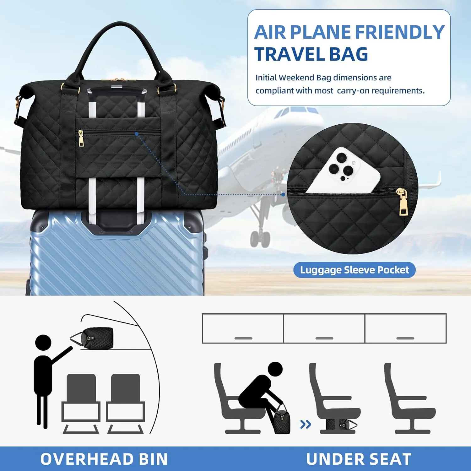 Gift for Women, Initial Travel Duffel ＆ Weekender Bag for Girls, Personalized Carry On Overnight Bag with Makeup Pouch for Gym Hospital(Black,L)