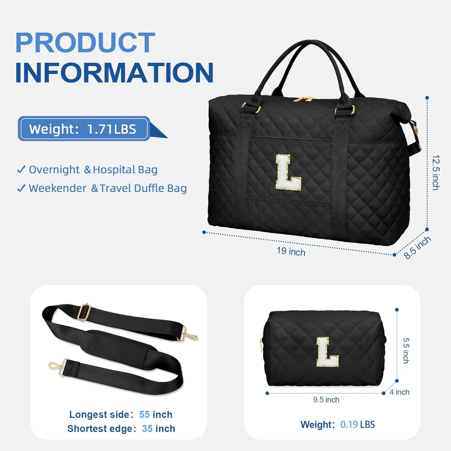 Gift for Women, Initial Travel Duffel ＆ Weekender Bag for Girls, Personalized Carry On Overnight Bag with Makeup Pouch for Gym Hospital(Black,L)