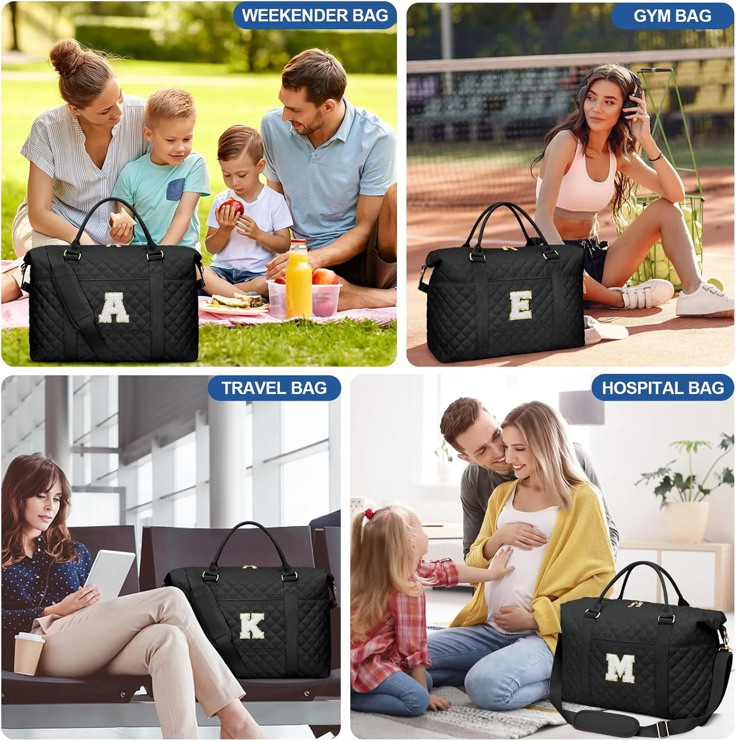 Gift for Women, Initial Travel Duffel ＆ Weekender Bag for Girls, Personalized Carry On Overnight Bag with Makeup Pouch for Gym Hospital(Black,L)