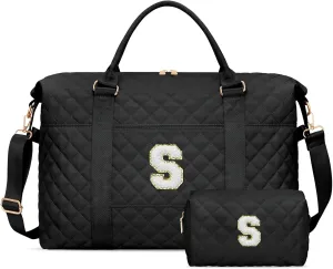 Gift for Women, Initial Travel Duffel ＆ Weekender Bag for Girls, Personalized Carry On Overnight Bag with Makeup Pouch for Gym Hospital(Black,S)