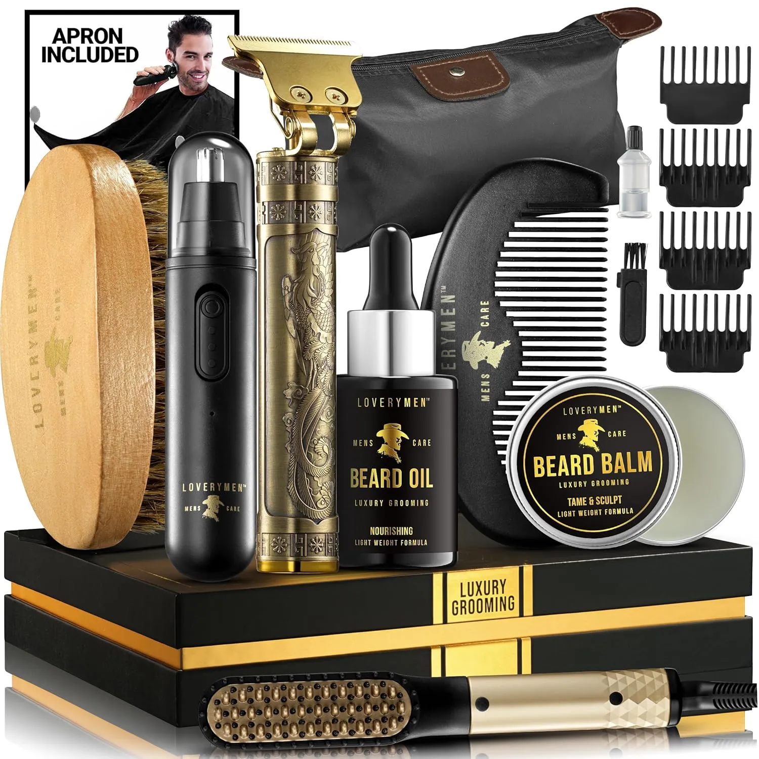 Gifts for Him, Fathers Day Gifts for Dad, Mens Grooming Beard Kit, Beard Trimmer, Nose Hair Trimmer, Hair Straightener Brush, Oil, Balm & More, 15pc Beard Kit for Men Care Mens Gifts Birthday