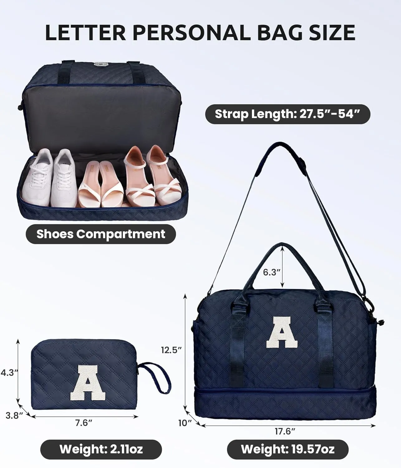 Gifts for Women-Initial Duffle Bag with Shoe Compartment, Personalized Weekender Bag, Monogram Overnight Bag for Women, Letter Travel Bag with Makeup Bag，Gift for Women Friend (Letter A)