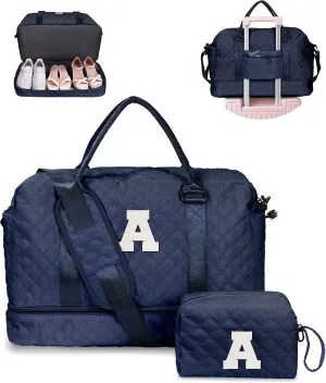 Gifts for Women-Initial Duffle Bag with Shoe Compartment, Personalized Weekender Bag, Monogram Overnight Bag for Women, Letter Travel Bag with Makeup Bag，Gift for Women Friend (Letter A)