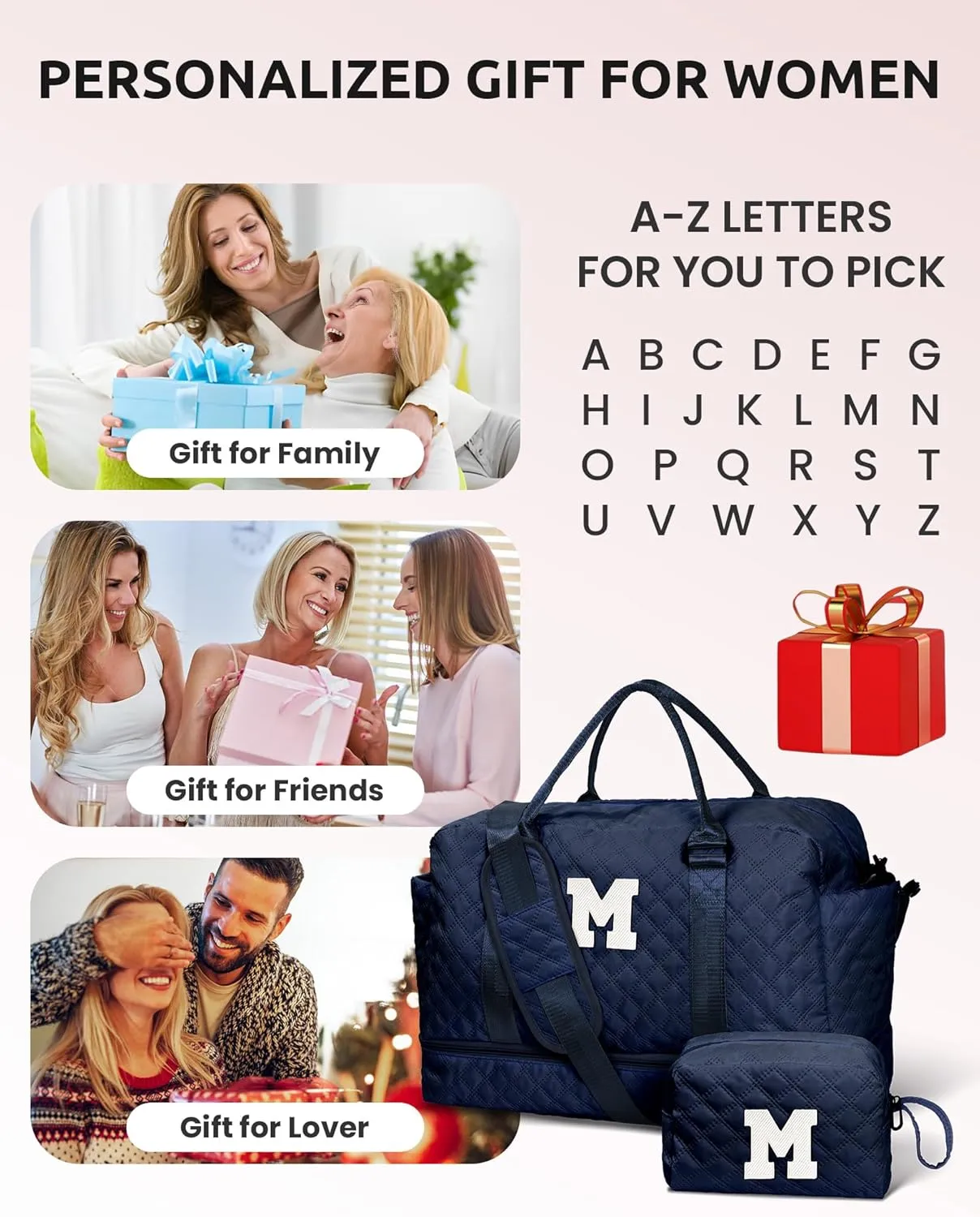 Gifts for Women-Initial Duffle Bag with Shoe Compartment, Personalized Weekender Bag, Monogram Overnight Bag for Women, Letter Travel Bag with Makeup Bag，Gift for Women Friend (Letter A)