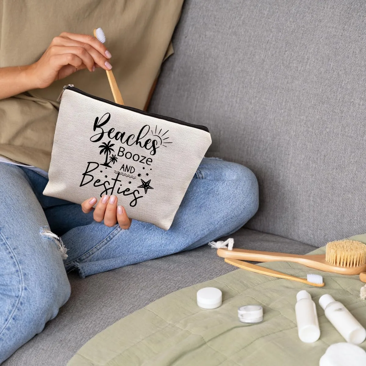 Girls Trip Gifts, Girls Weekend Bestie BFF Friendship Gifts for Women Friends, Beaches Booze and Besties Canvas Makeup Bag Cos