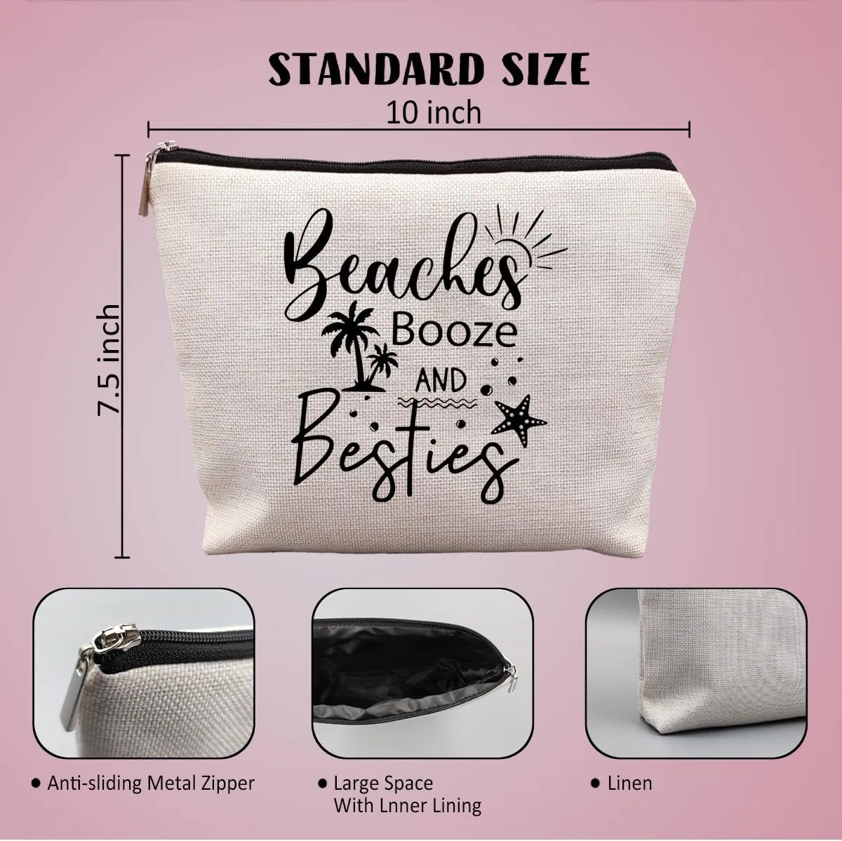 Girls Trip Gifts, Girls Weekend Bestie BFF Friendship Gifts for Women Friends, Beaches Booze and Besties Canvas Makeup Bag Cos