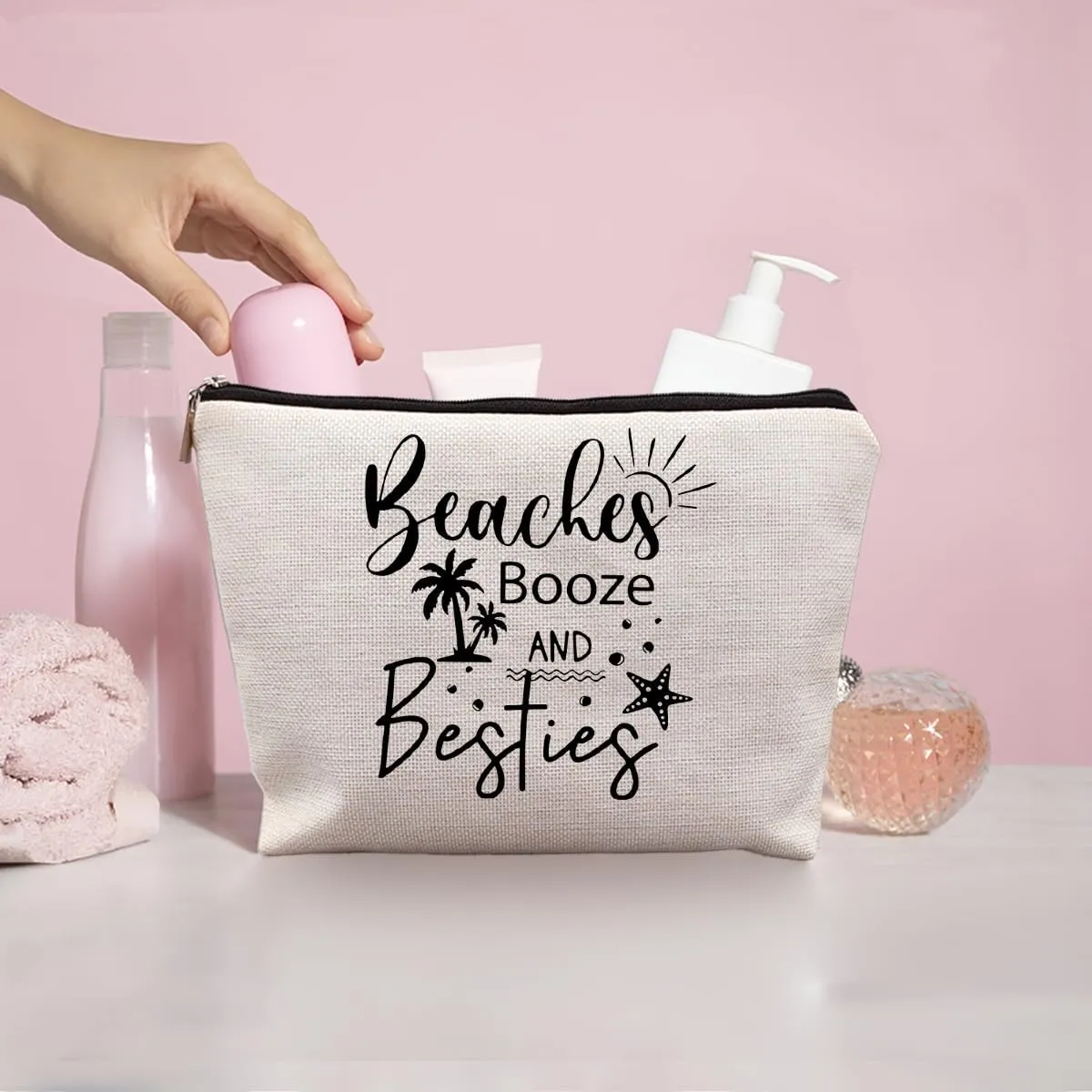 Girls Trip Gifts, Girls Weekend Bestie BFF Friendship Gifts for Women Friends, Beaches Booze and Besties Canvas Makeup Bag Cos
