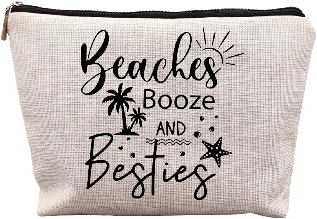 Girls Trip Gifts, Girls Weekend Bestie BFF Friendship Gifts for Women Friends, Beaches Booze and Besties Canvas Makeup Bag Cos