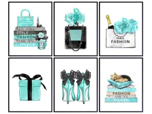 Glam Blue Wall Decor - High Fashion design - Designer Perfume, Shoes, Handbags - Glamour Wall Art Gift for Women, Girls Bedroom, Teens Room - Luxury Couture Poster Print Picture Set of 6