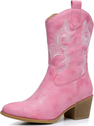 GLOBALWIN Women's Mid Calf The Western Cowgirl Boots Fashion Cowboy Boots For Women Chunky Low Heel