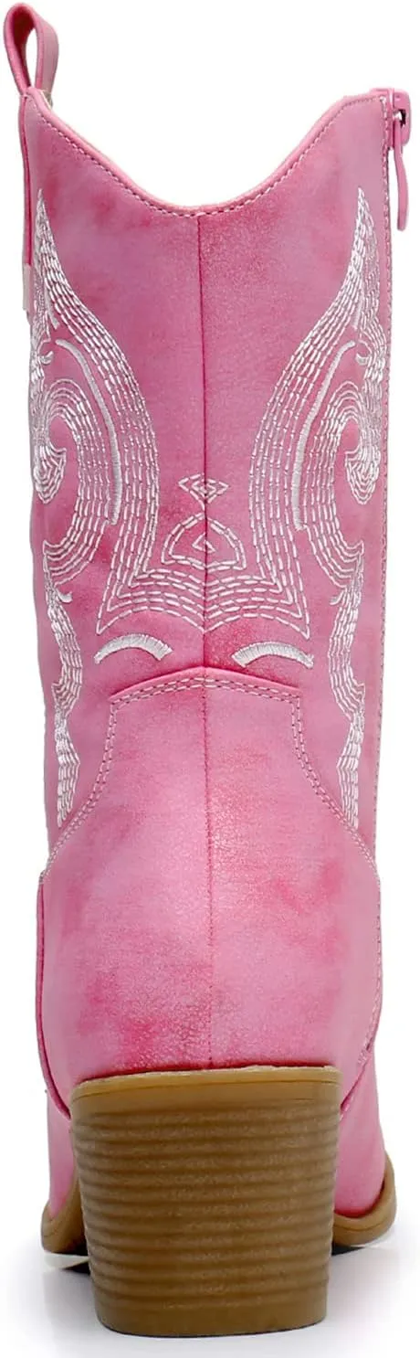 GLOBALWIN Women's Mid Calf The Western Cowgirl Boots Fashion Cowboy Boots For Women Chunky Low Heel